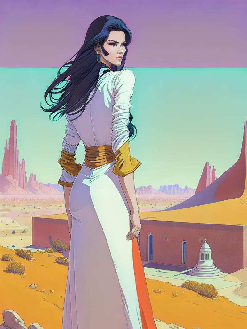 00693-3031182508-a painting of a woman standing in front of a desert landscape with a building in the background by Moebius Jean Giraud.png